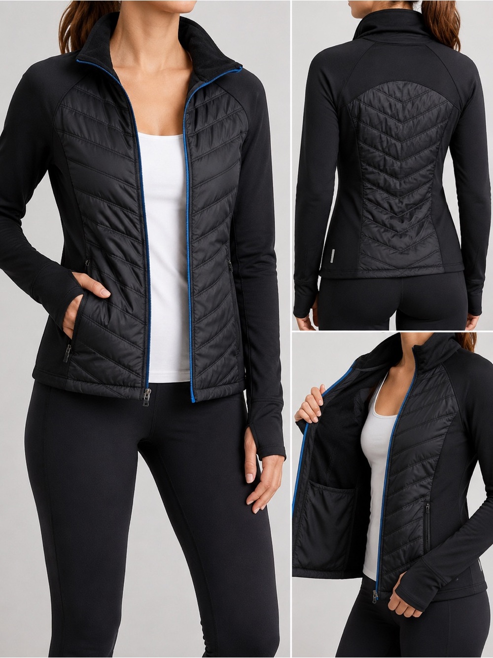 Women's Black Quilted Front Utility Jacket - Classic Zip-Up